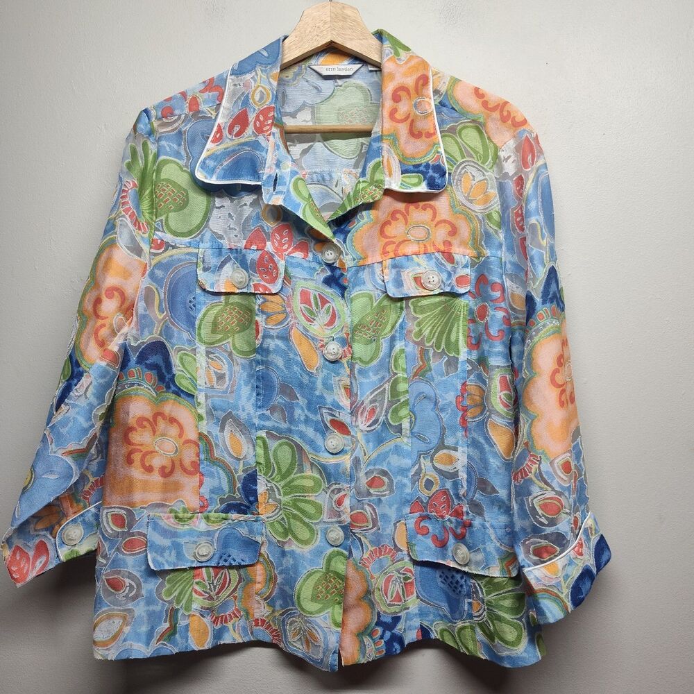 Erin London Blazer Jacket Women XL Blue Floral Sheer Dopamine Maximalist Artsy